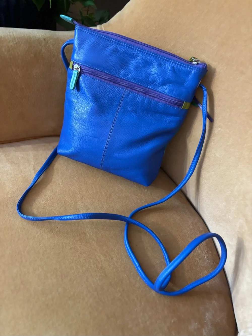 ILI NEW YORK colorful LEATHER crossbody bag POCKETS 80s colors! Blue teal purple - Picture 2 of 10